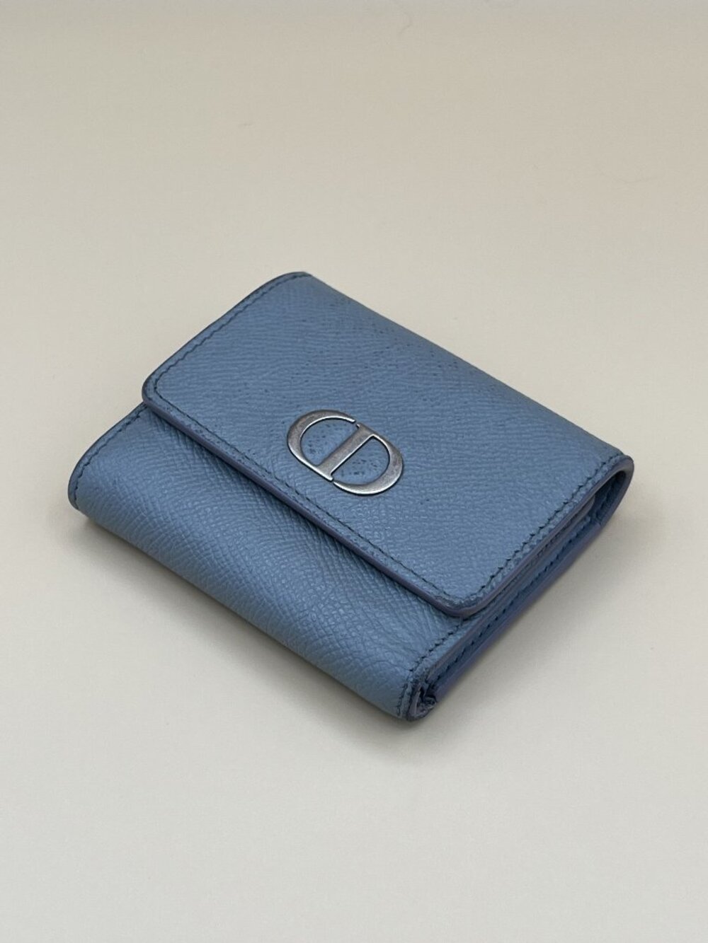 Christian Dior Light Blue Grained Leather CD Logo Compact Wallet Silver Hardware